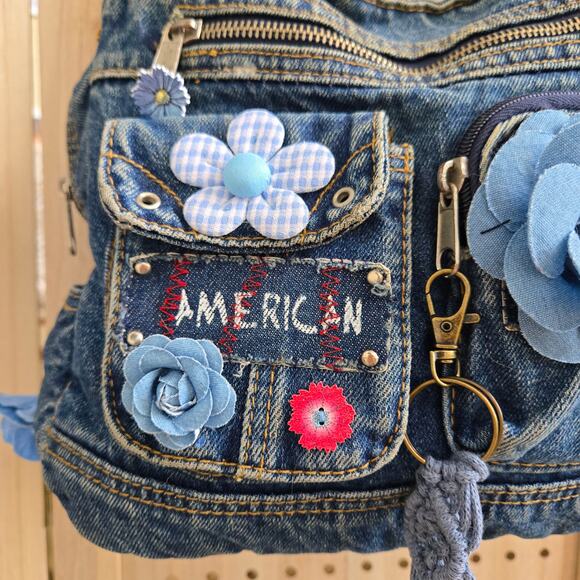 FLR PWR Upcycled Denim Jeans hippie Flower crochet gingham shoulder bag blue red - Picture 7 of 15